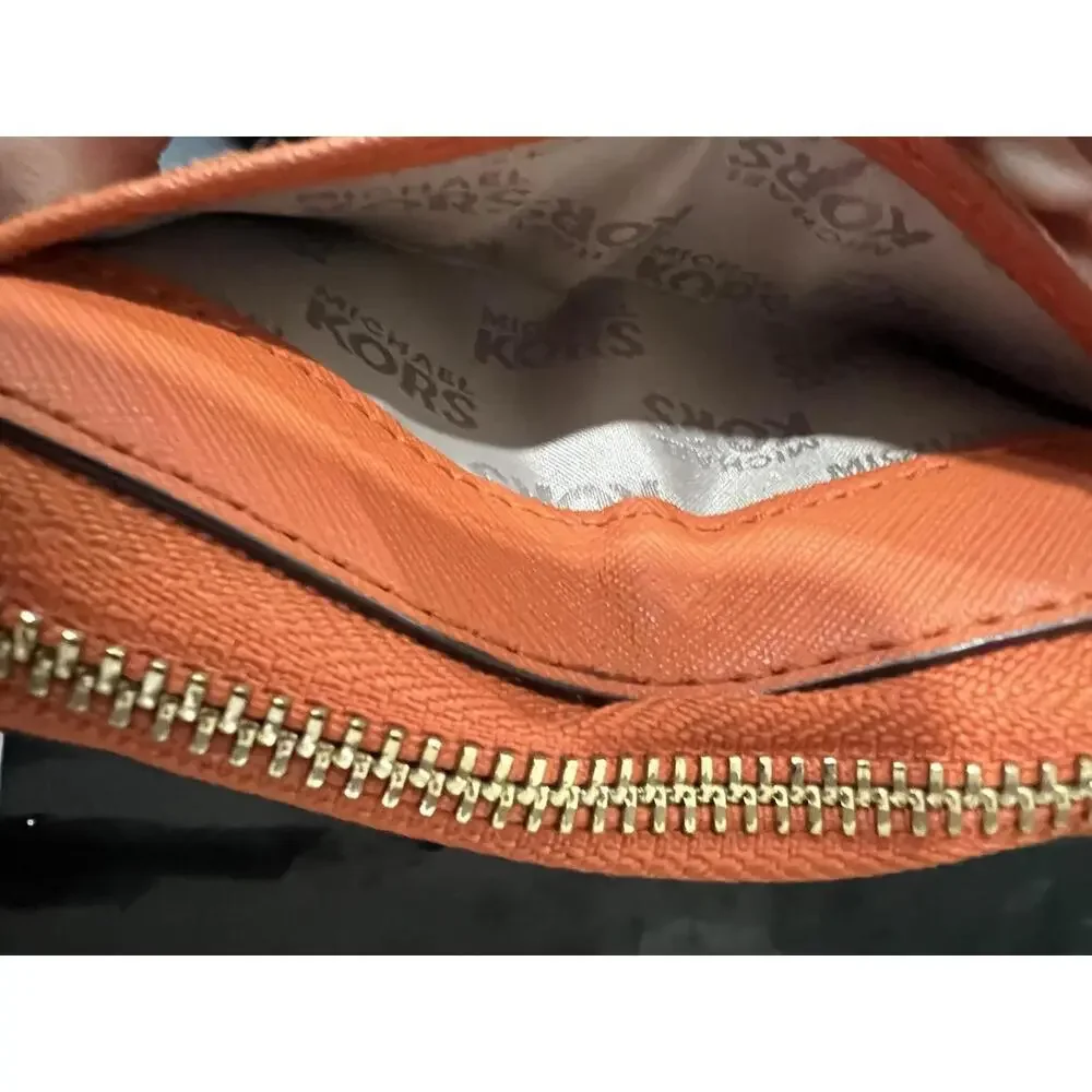 Michael Kors Pebble Leather Zip Card Holder Orange Gold Accents Preppy Summer
